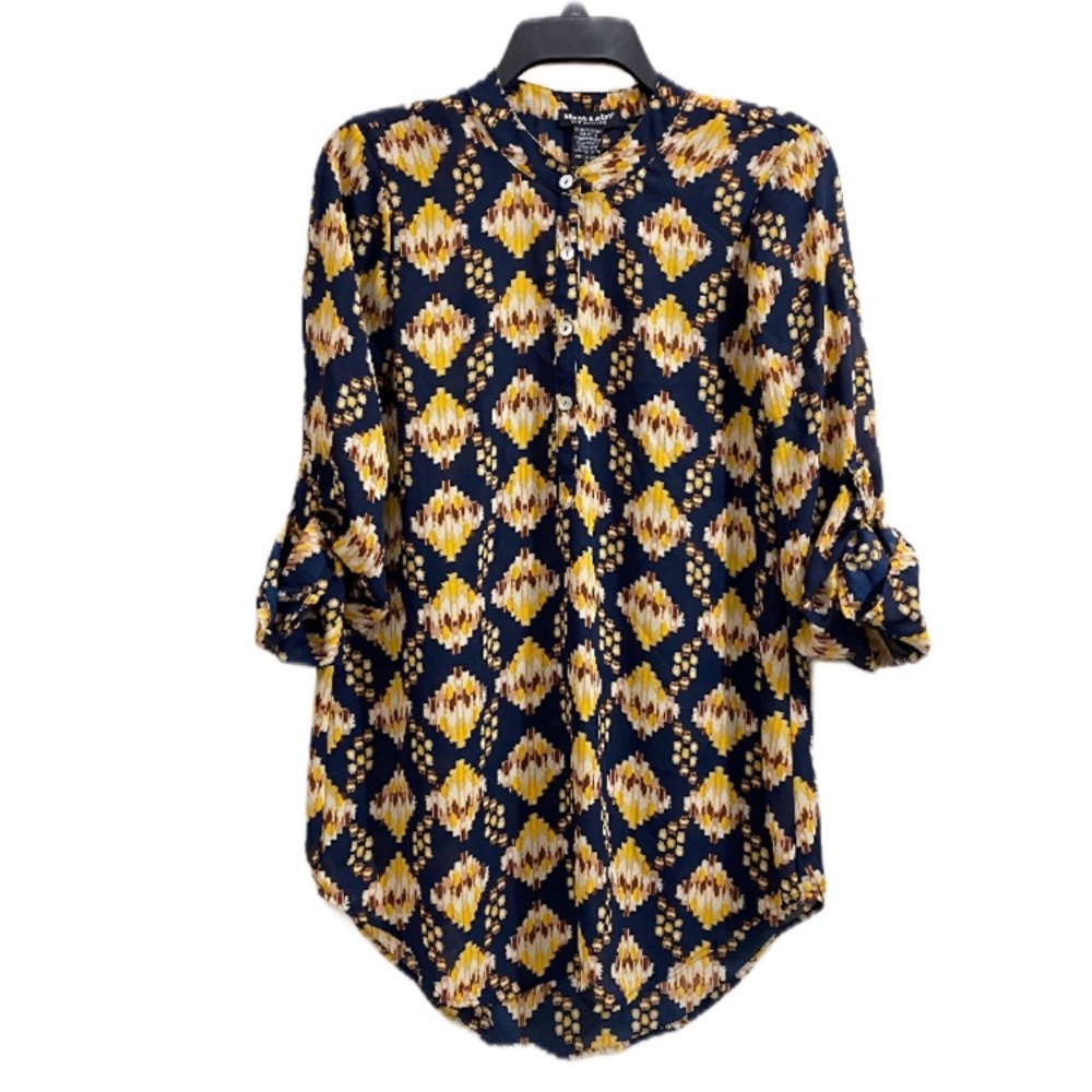 About A Girl Blue Yellow Patterned Sheer Shirt Small
